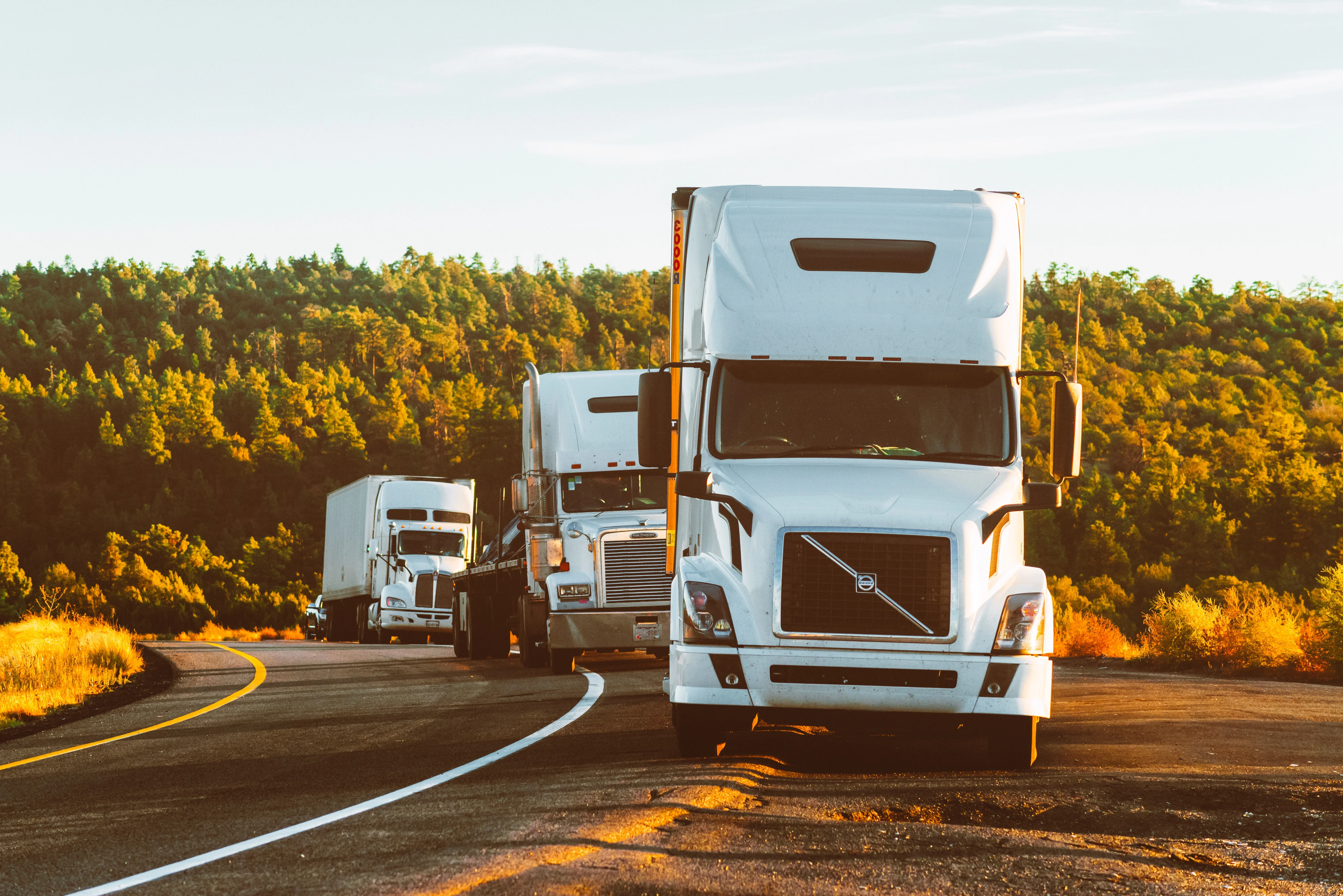 Several of our transporters in their trucks lined up on the highway